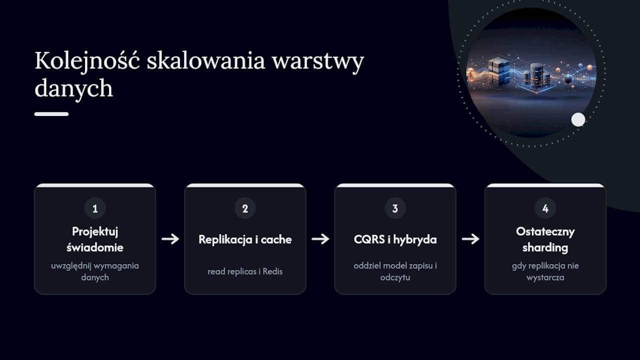 Jak skalować warstwę danych: sharding, replikacja, SQL vs NoSQL i cache? — overview diagram