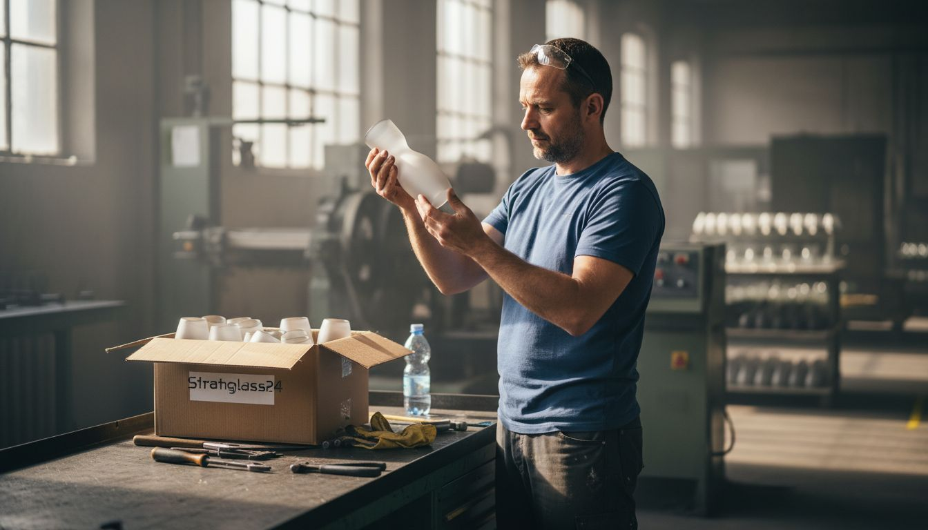 Ein Fabrikmitarbeiter prüft am Werktisch eine satinierte Glasscheibe auf Qualität.