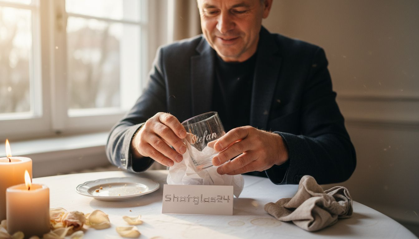Ein Gast freut sich, als er ein liebevoll verpacktes, personalisiertes Glas auspackt.