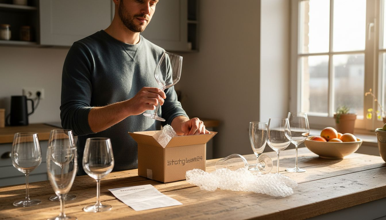 Ein Mann begutachtet Glasmodelle, die er gerade aus der Verpackung genommen hat.