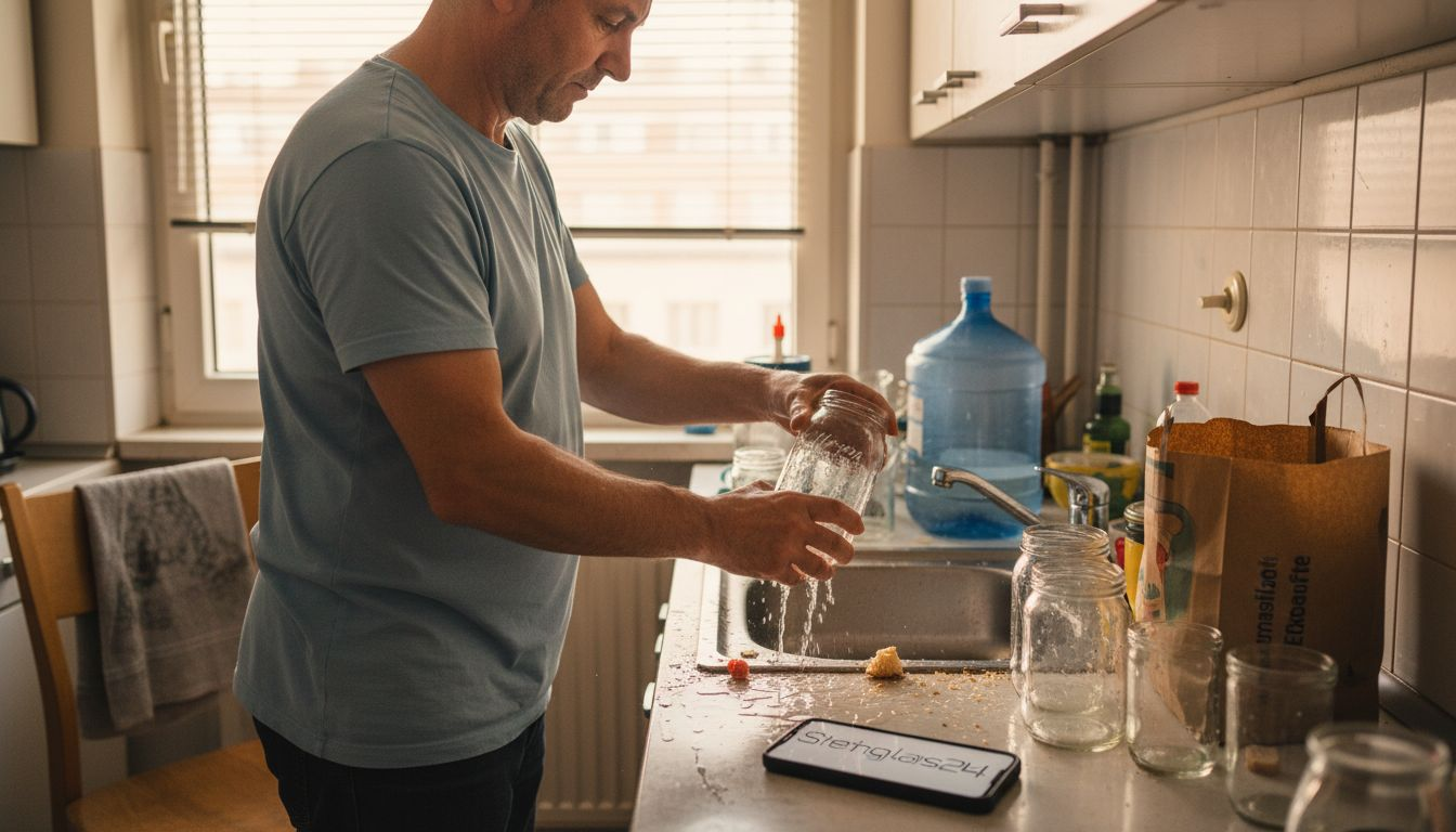 Ein Mann sortiert leere Glasbehälter in der Küche zum Recycling.
