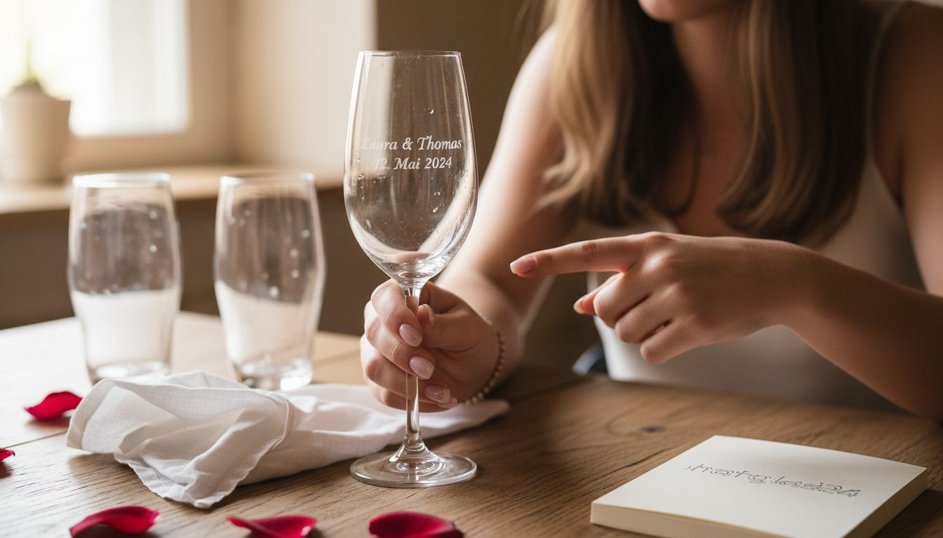 Eine Frau hält ein graviertes Champagnerglas in der Hand – bereit, auf ihre Hochzeit anzustoßen.