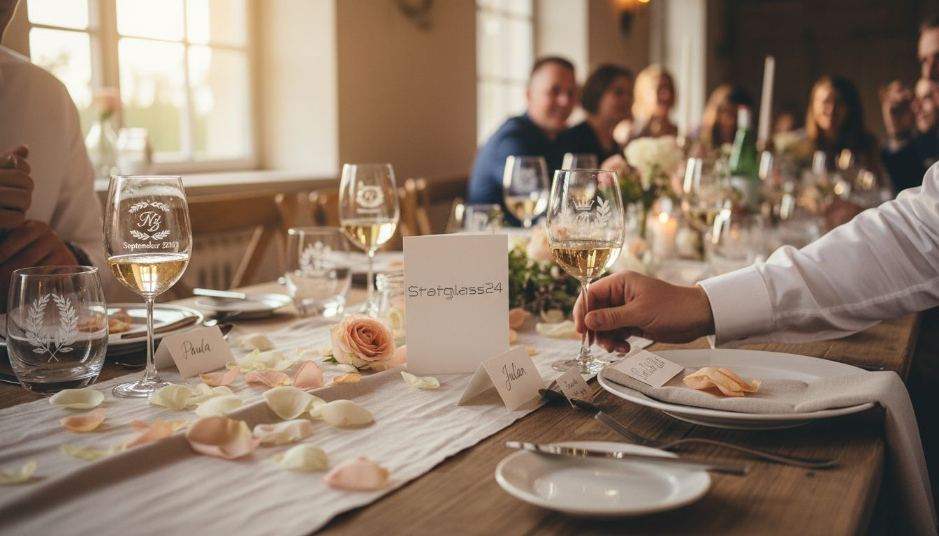 Nahaufnahme von individuell gravierten Weingläsern, liebevoll arrangiert auf der festlich gedeckten Hochzeitstafel.