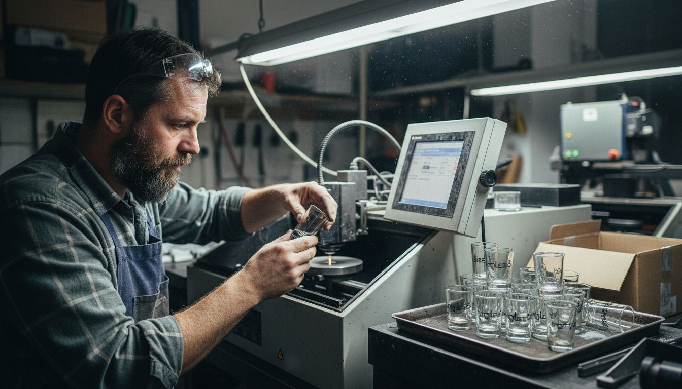 Ein Techniker personalisiert Schnapsgläser mit Lasergravuren als besondere Hochzeitsgeschenke.