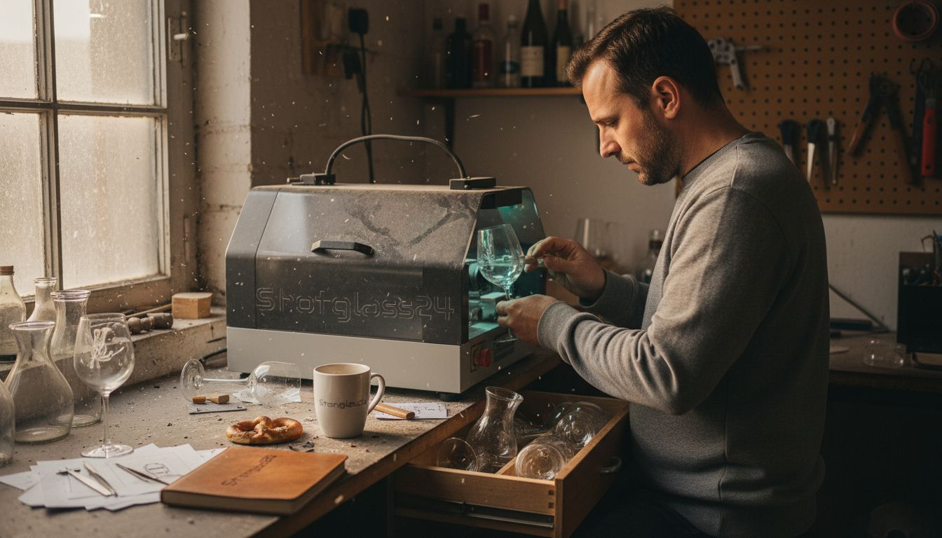 Ein Kunsthandwerker graviert mit viel Liebe zum Detail ein Weinglas in seiner Werkstatt.