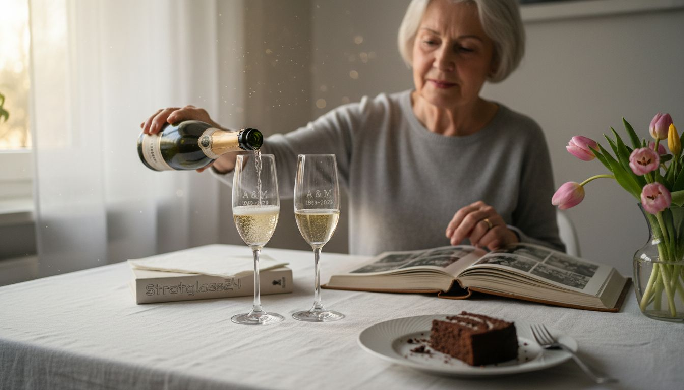 Eine ältere Dame schenkt Wein in gravierte Sektgläser ein.