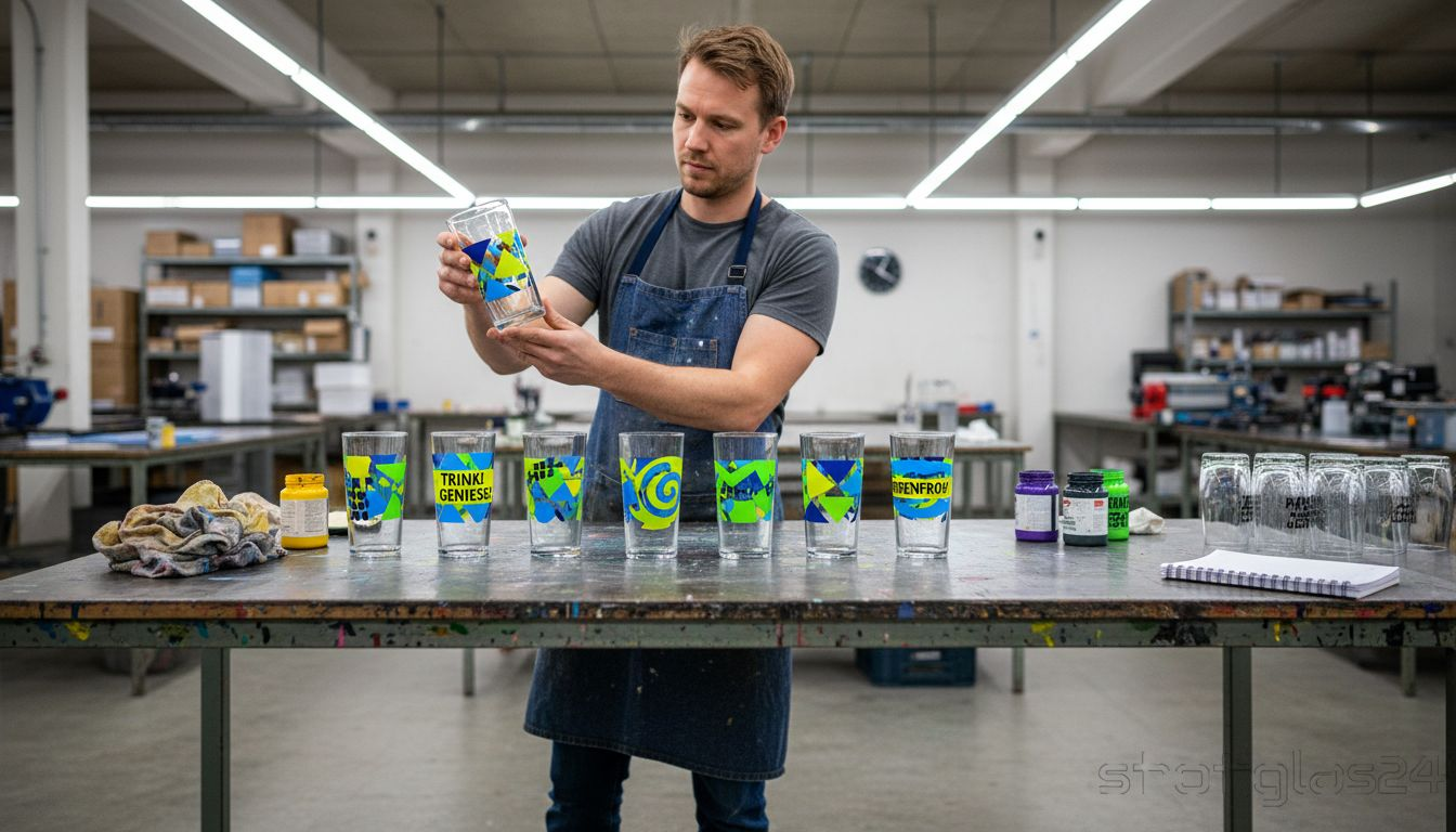 Ein Fachmann überprüft bunt bedruckte Gläser auf Qualität und Verarbeitung.