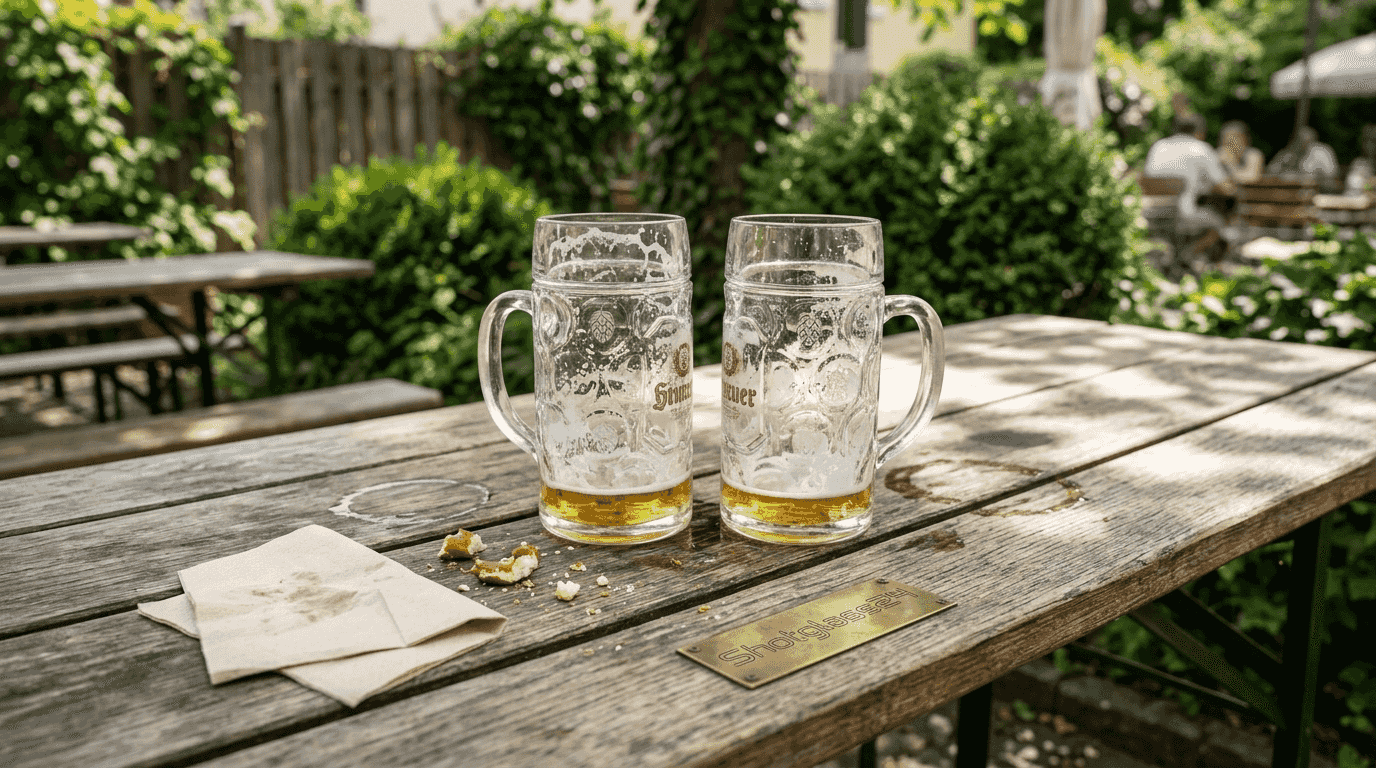 Auf einer rustikalen Holzbank im Freien stehen Bierkrüge mit Gravur – perfekt für einen gemütlichen Abend im Garten.