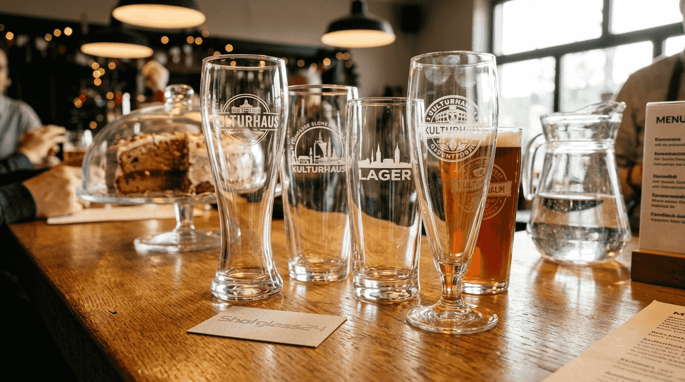 Individuell gestaltete Biergläser stehen dekorativ an der Eventbar bereit.