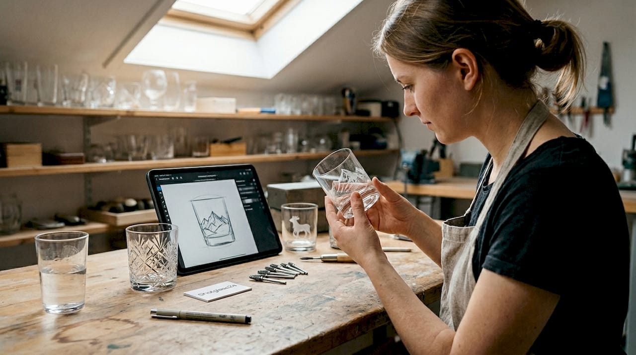 Eine Designerin begutachtet veredeltes Glas auf ihrer Werkbank.
