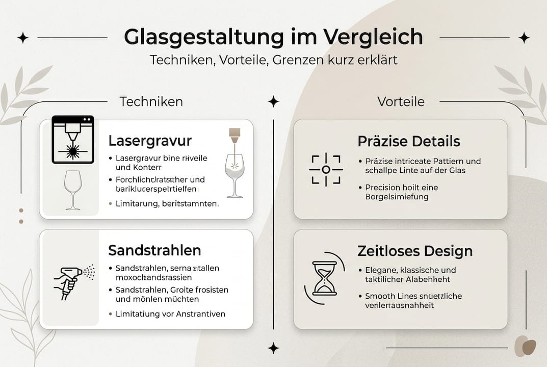 Infografik: Verschiedene Techniken der Glasveredelung und ihre Vorteile auf einen Blick
