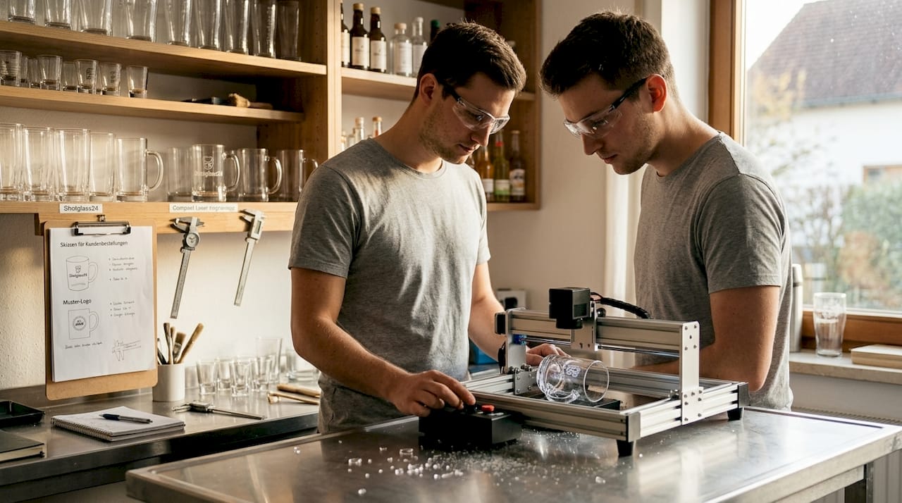 Ein Mann veredelt ein Hochzeitglas mit einem Lasergravurgerät.
