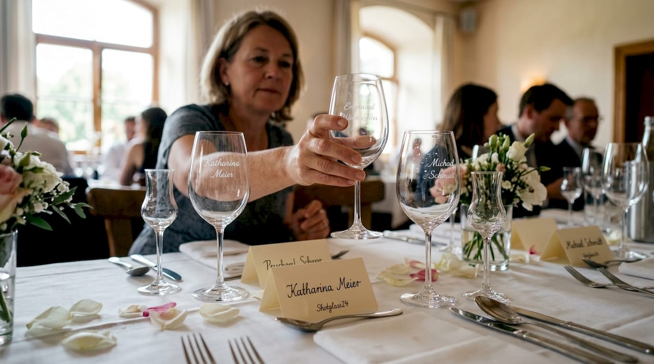 Individuell gravierte Gläser als persönliche Highlights auf der Hochzeitstafel