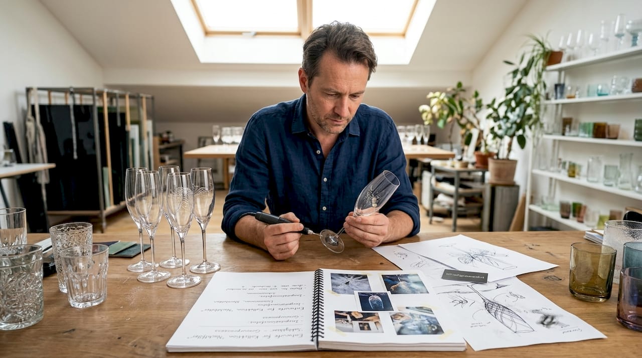 Im Atelier arbeitet der Designer an kreativen Gravurkonzepten.