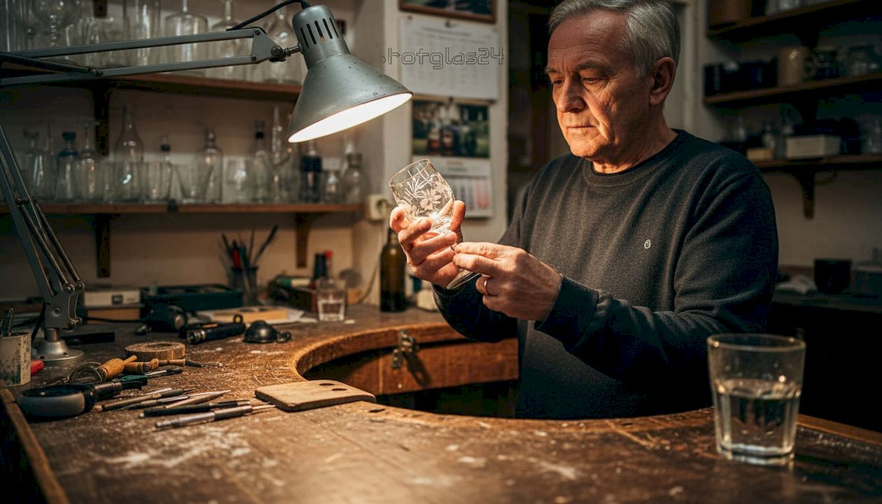 In der Werkstatt begutachtet ein Mann sorgfältig ein Glas mit Gravur.