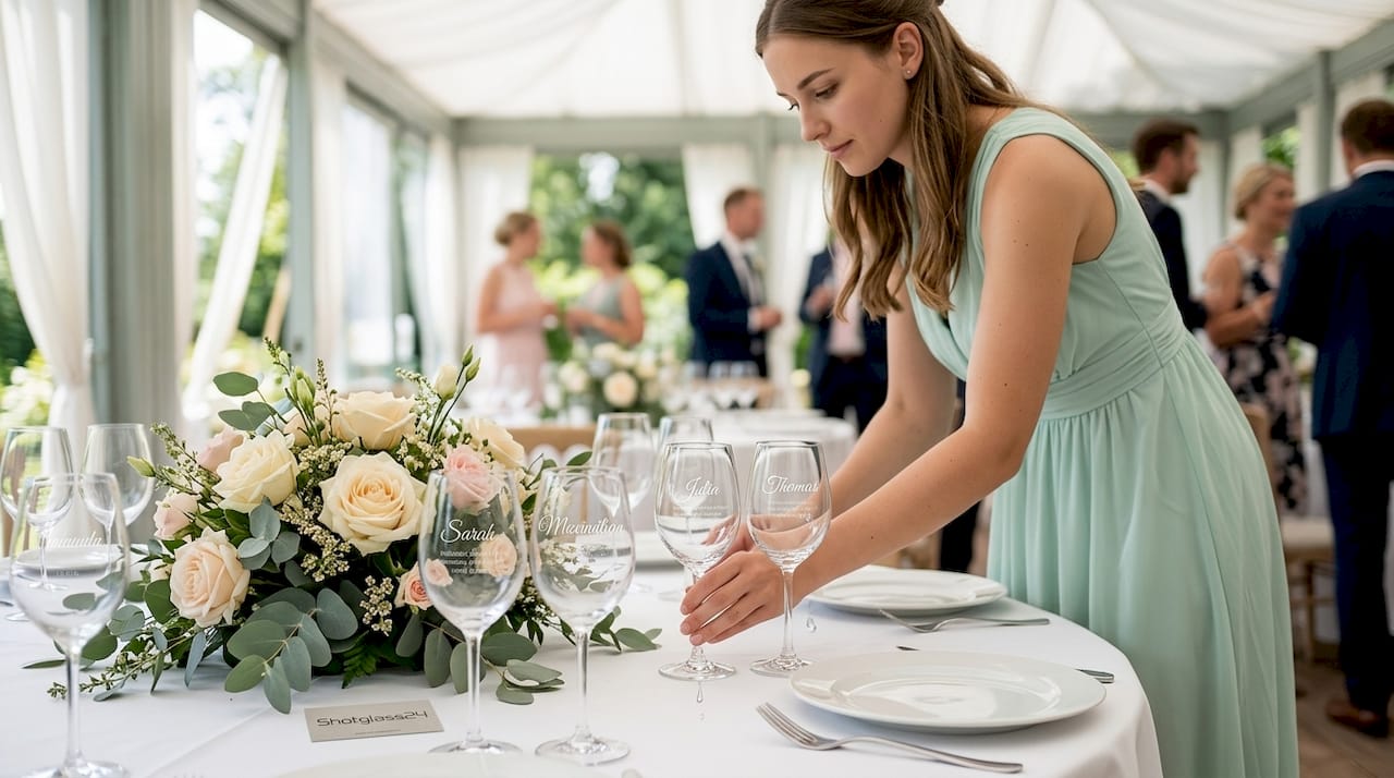 Festlich gedeckter Hochzeitstisch mit individuell gravierten Gläsern als persönliche Platzkarten