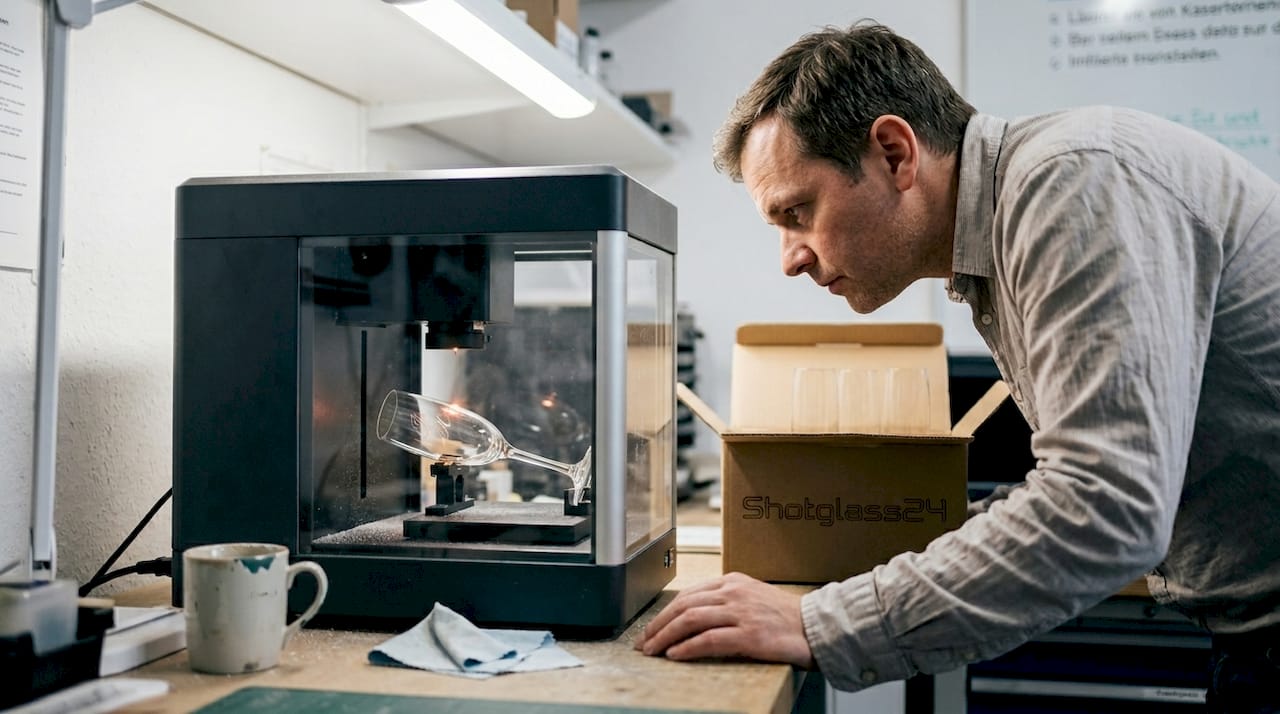 Ein Fachmann veredelt ein Sektglas mit einer individuellen Lasergravur.