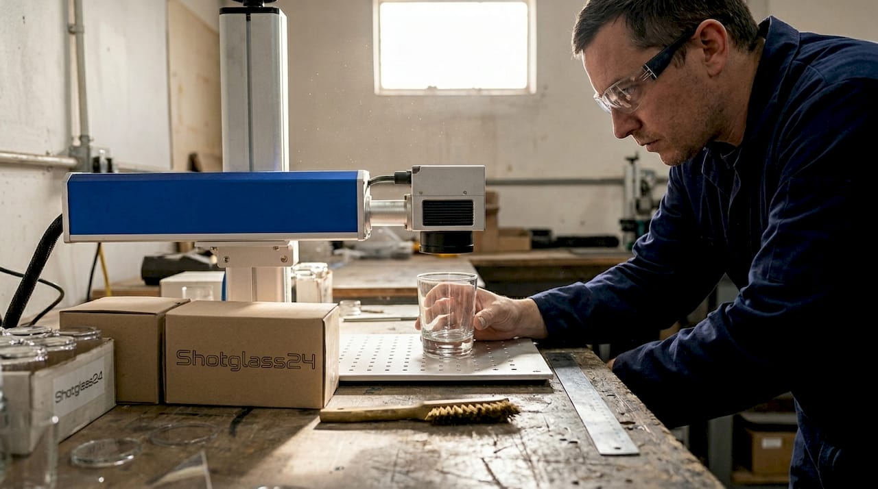 Ein Techniker richtet das Glas präzise aus, bevor es per Laser graviert wird.