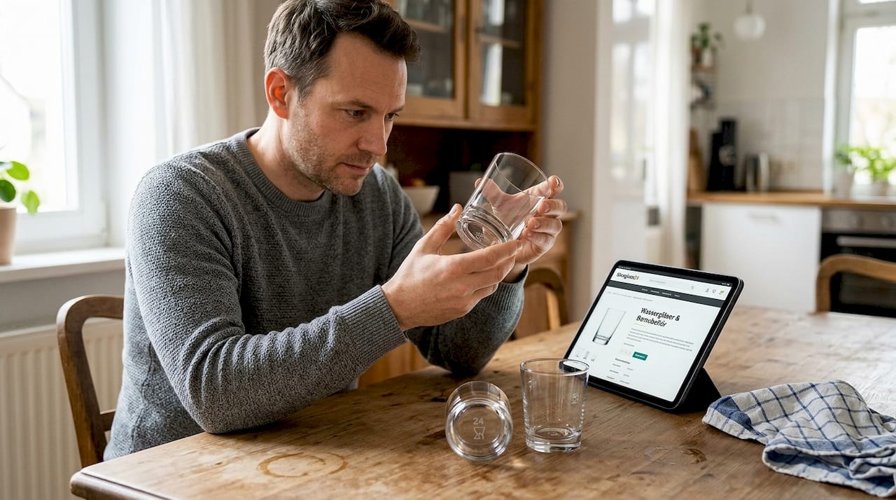 Ein Mann begutachtet ein Glas auf dem Tisch und sucht nach dem Prüfzeichen.