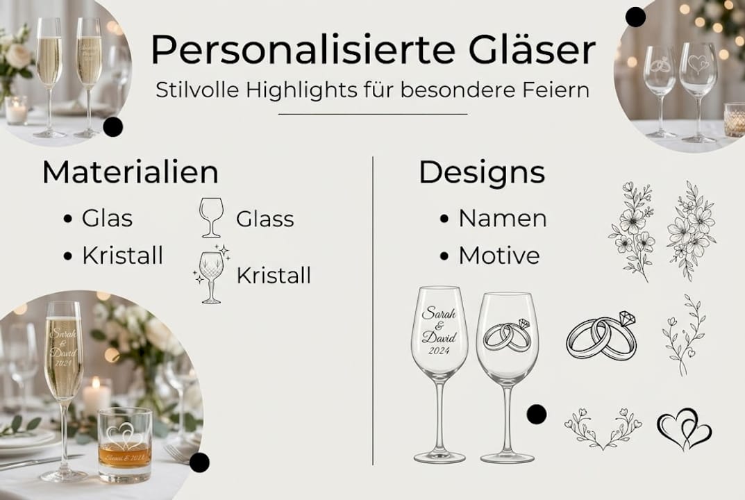 Übersicht zu Materialien und Designvarianten individuell gestalteter Gläser