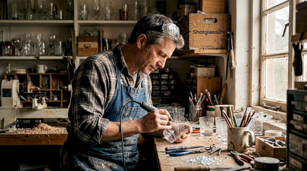 In seiner Werkstatt veredelt ein Kunsthandwerker Glas mit individuellen Gravuren.