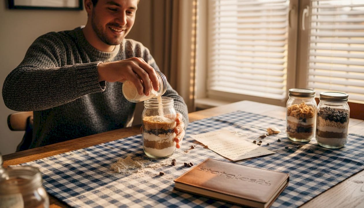Ein Mann stellt ein dekoratives Geschenkglas mit geschichteten Kekszutaten zusammen.