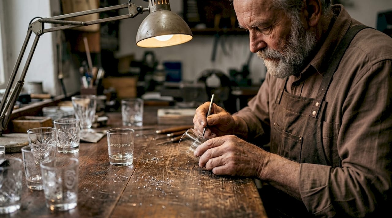 Ein Graveur verziert Glas kunstvoll mit traditionellen Handwerkzeugen.