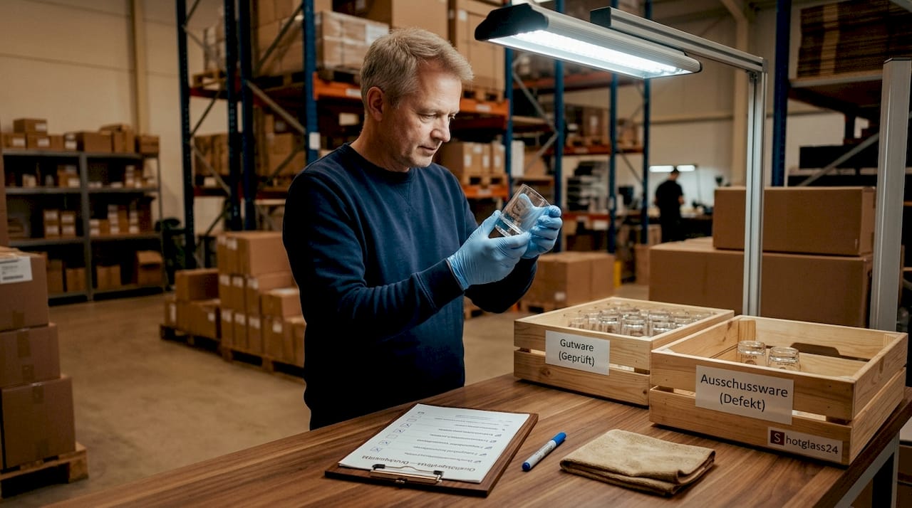 Ein Qualitätsprüfer kontrolliert eine Charge bedruckter Glasscheiben auf Fehler und sorgt dafür, dass die Standards eingehalten werden.