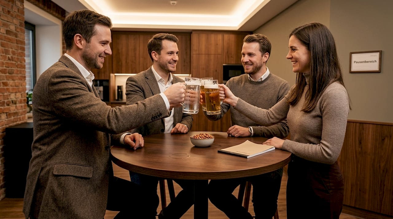 Mitarbeiter stoßen auf dem Firmenevent mit Biergläsern im Unternehmensdesign an.