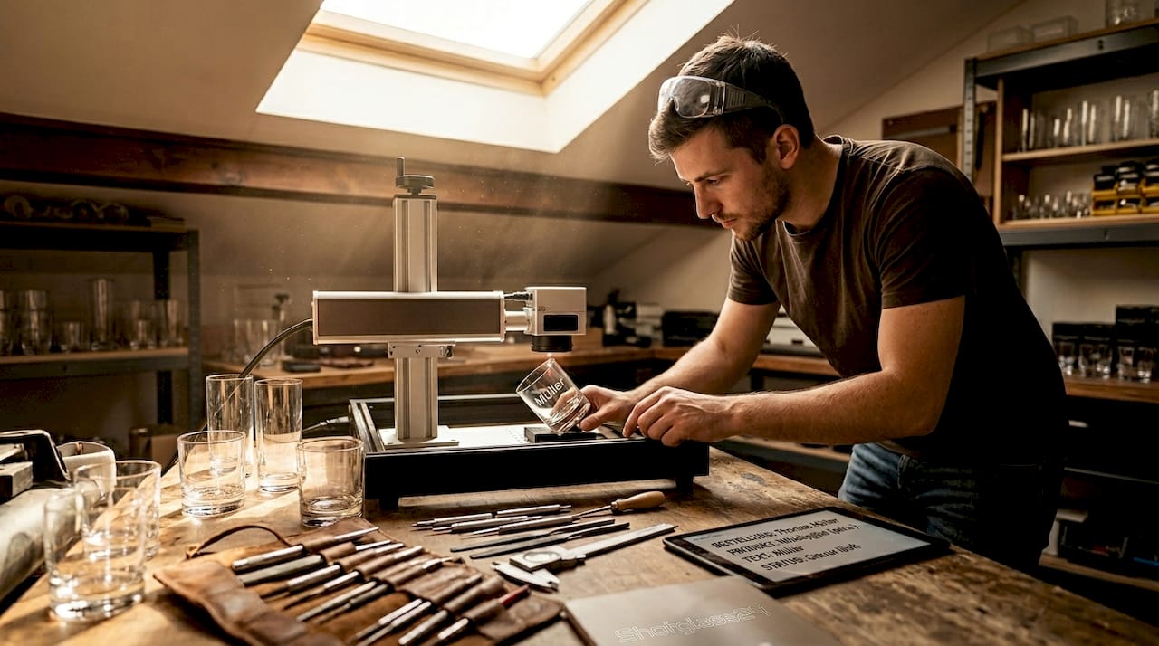 Ein Fachmann graviert individuelle Motive oder Namen in Glas, um persönliche Unikate zu schaffen.