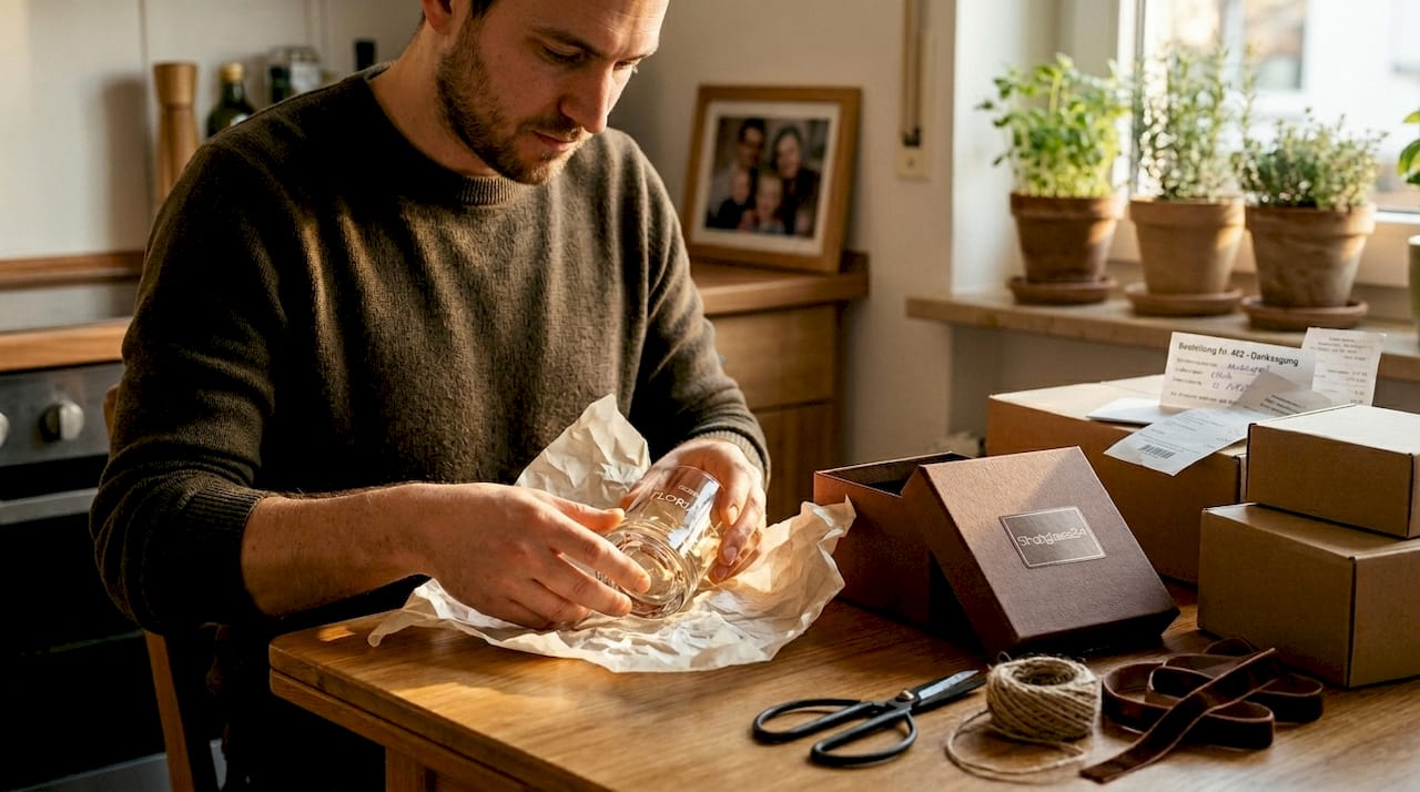 Jemand verpackt ein Glas mit individueller Gravur als Geschenk.