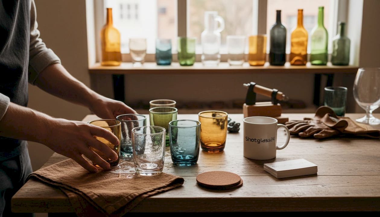 In einer Werkstatt werden Glasflaschen aus Upcycling-Projekten von Hand sortiert.