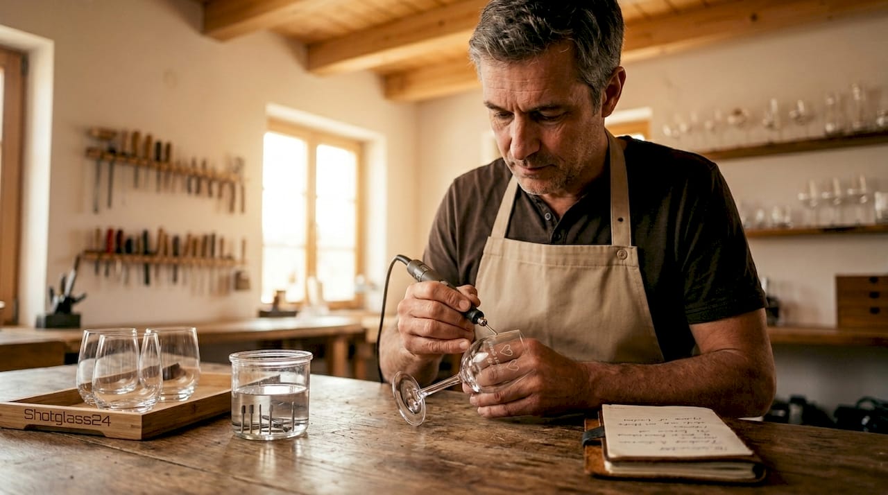 Ein Handwerker graviert eine persönliche Hochzeitsbotschaft in ein Glas.