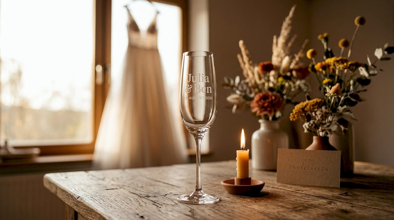 Detailaufnahme von edel gravierten Sektgläsern, liebevoll arrangiert auf dem festlich gedeckten Hochzeitstisch.