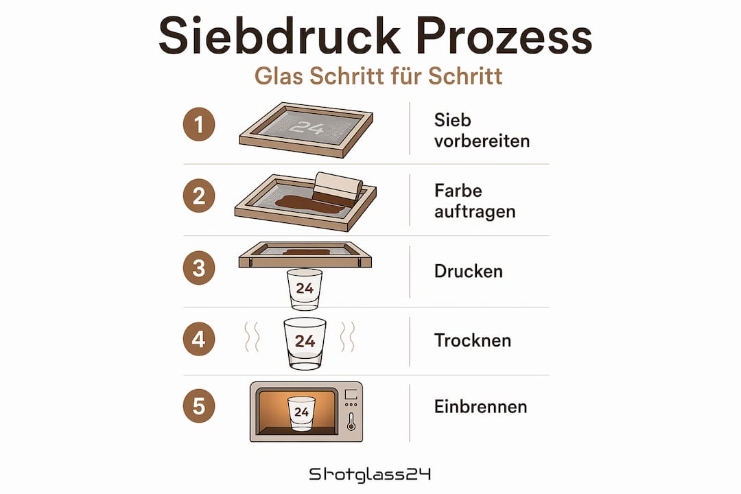 Grafische Übersicht: Die fünf wichtigsten Schritte beim Siebdruck auf Glas