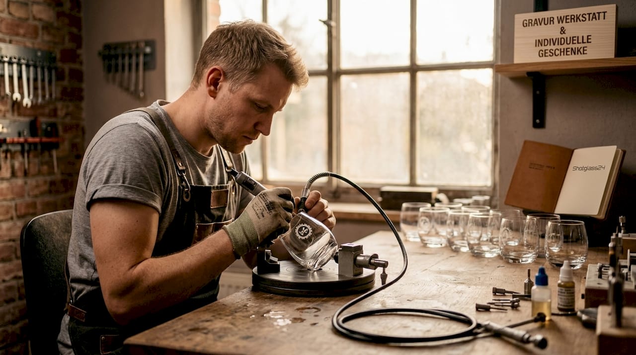 Gebogenes Glas mit filigranen Gravuren – von Hand und mit modernster Lasertechnik veredelt.