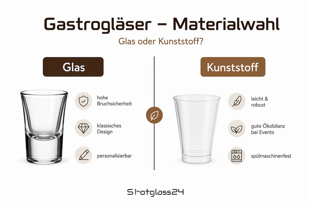 Vergleichende Infografik: Gastrogläser aus Glas oder Kunststoff – was passt besser?