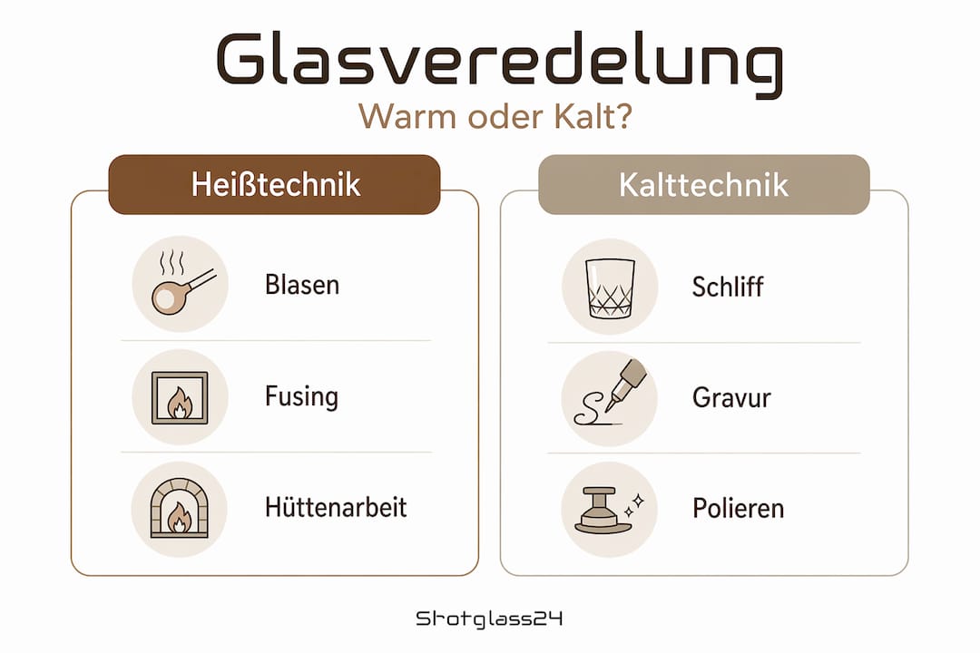 Die Infografik zeigt einen direkten Vergleich zwischen der Glasbearbeitung mit Hitze und der Verarbeitung bei niedrigen Temperaturen.