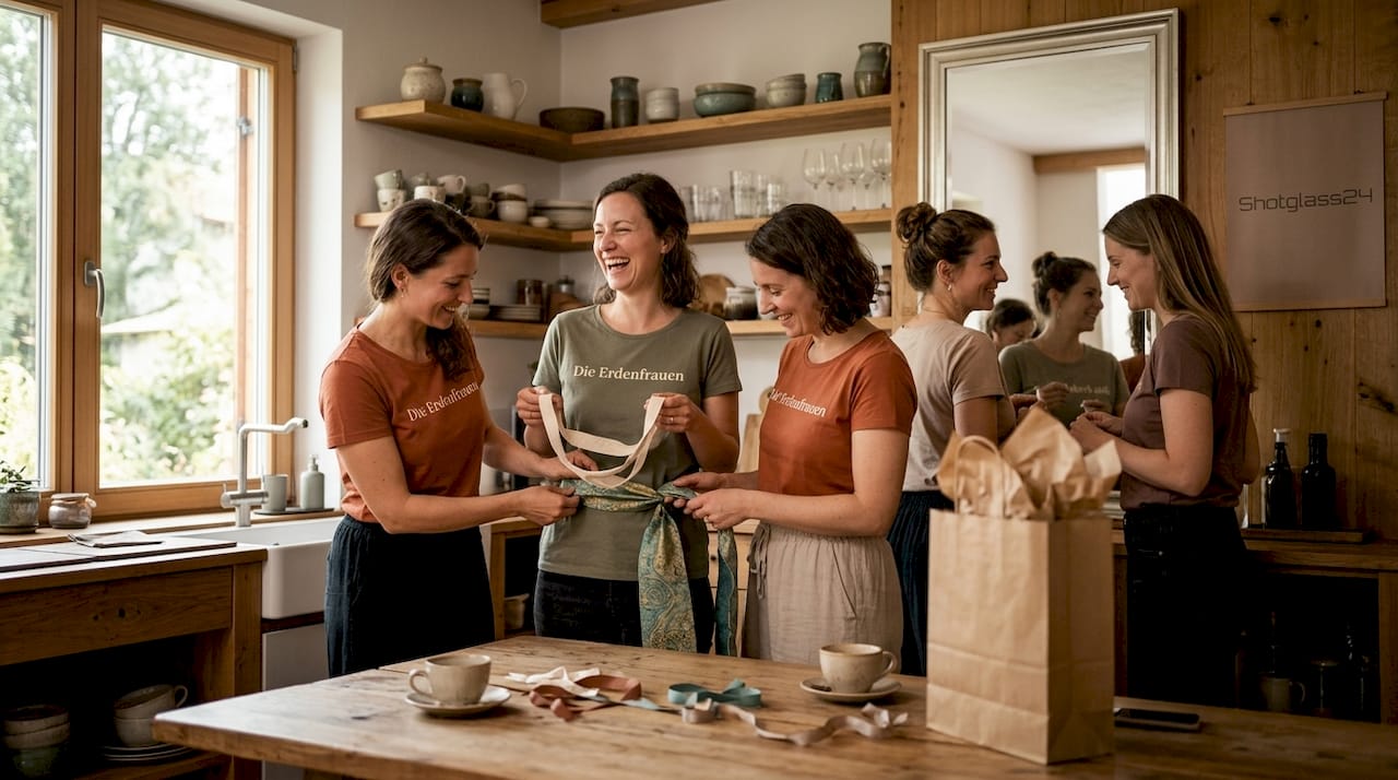 Die Mädels probieren gemeinsam ihre individuell gestalteten Outfits für den Junggesellinnenabschied an.