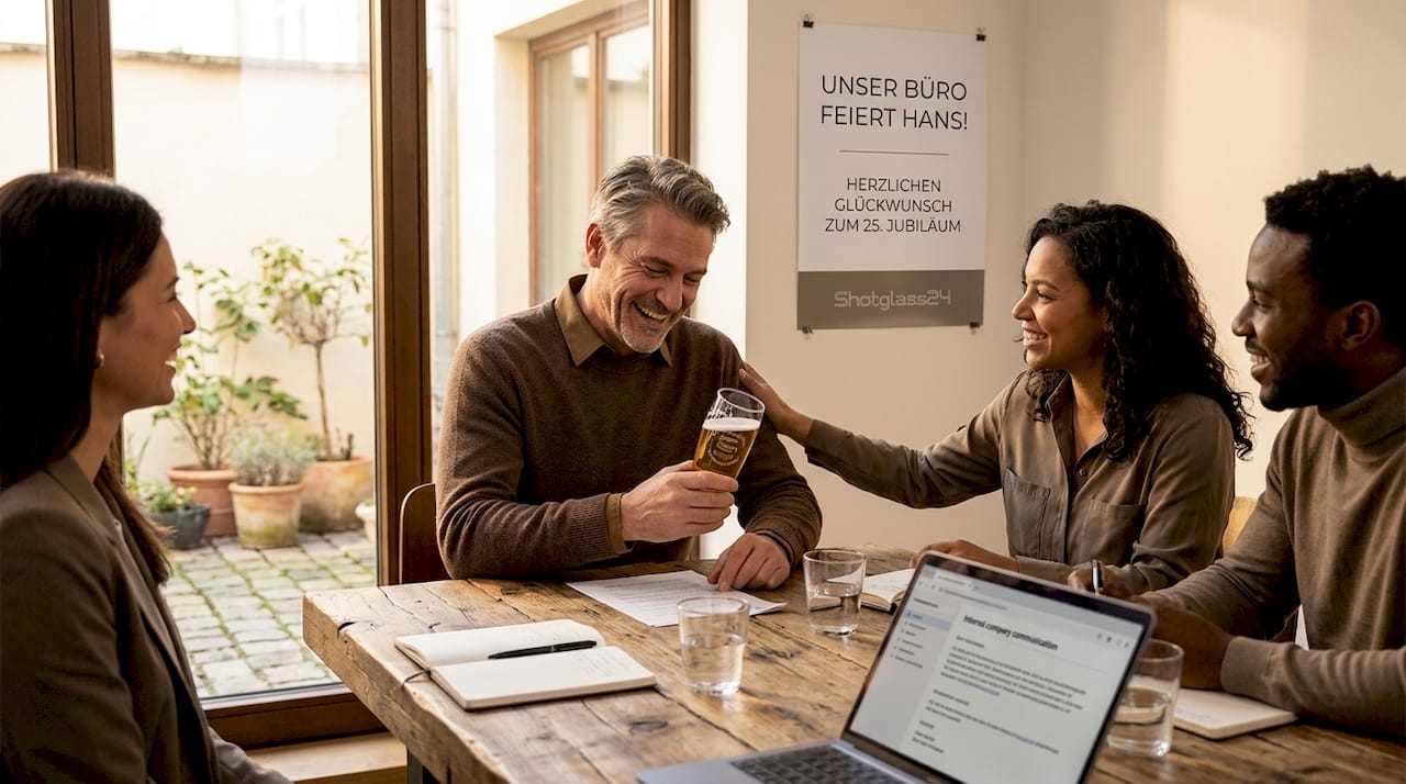 Zum Jubiläum bekommt unser Kollege ein personalisiertes Glas als besonderes Geschenk überreicht.