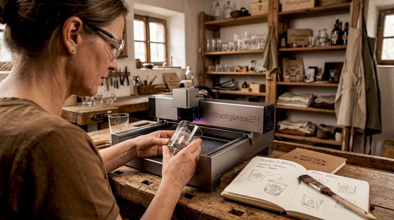 In ihrer Werkstatt veredelt eine Frau Glas mit einem Laser und gestaltet so individuelle Gravuren.