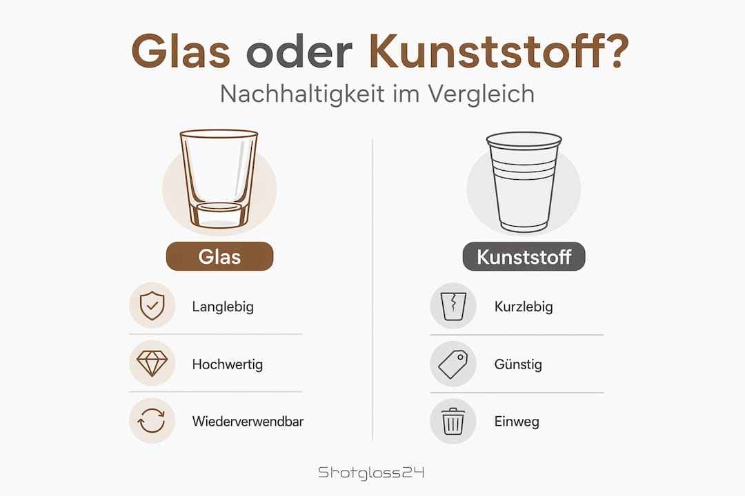 In dieser Infografik werden umweltfreundliche Glasprodukte und Kunststoffalternativen gegenübergestellt und ihre Nachhaltigkeit miteinander verglichen.