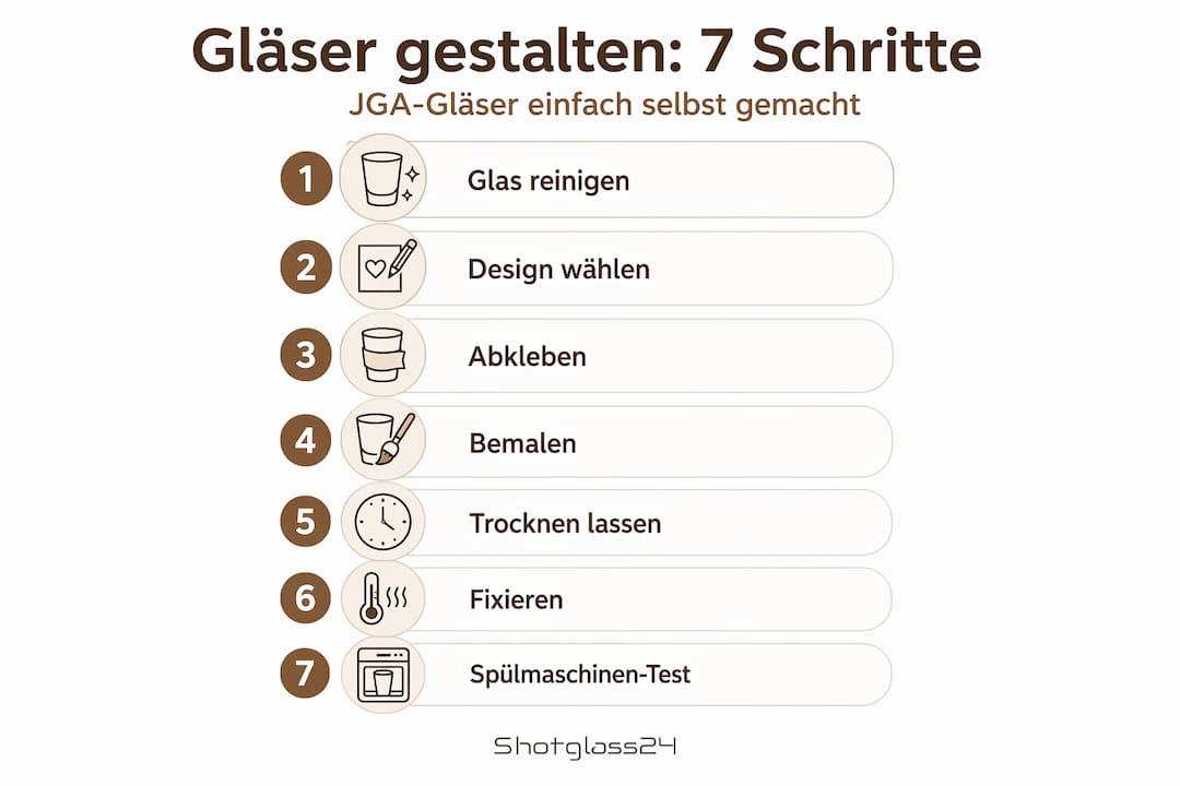 Diese Infografik führt dich Schritt für Schritt durch den kreativen Prozess der Glasgestaltung – insgesamt sieben Etappen werden anschaulich dargestellt.