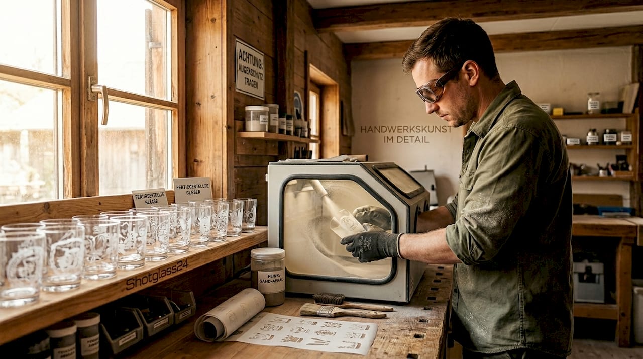 Ein Fachmann bearbeitet Glas mithilfe einer Sandstrahltechnik in seiner Werkstatt.