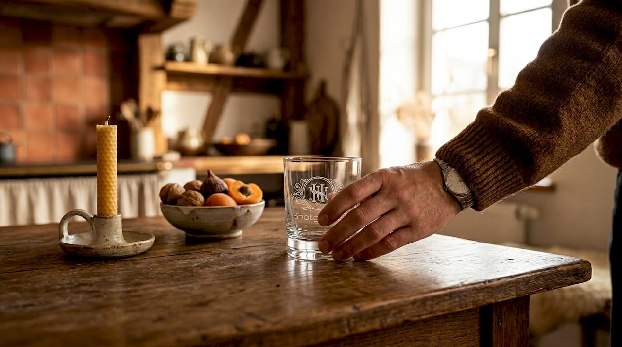 Eine Hand stellt ein Glas mit Markenlogo auf den Tisch.