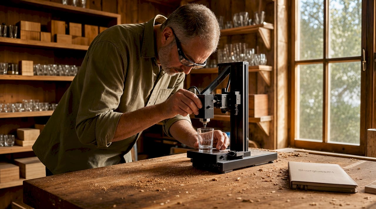 In seiner Werkstatt veredelt ein Handwerker Glas mit kunstvollen Gravuren.