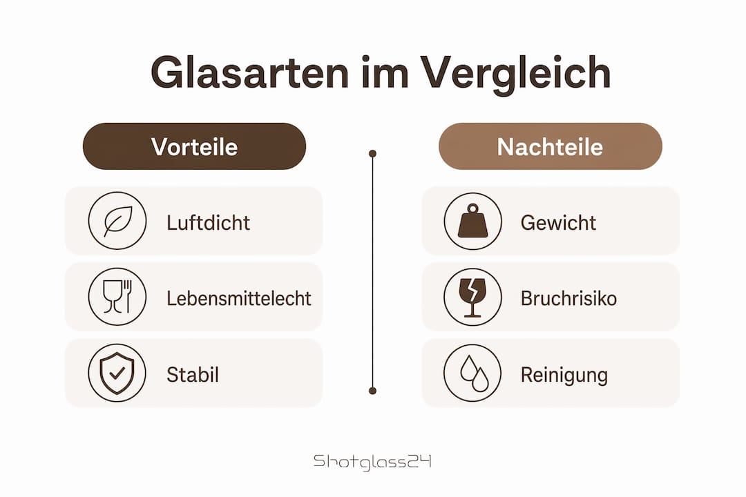 Übersichtsgrafik: Verschiedene Glasarten im direkten Vergleich – Stärken und Schwächen auf einen Blick