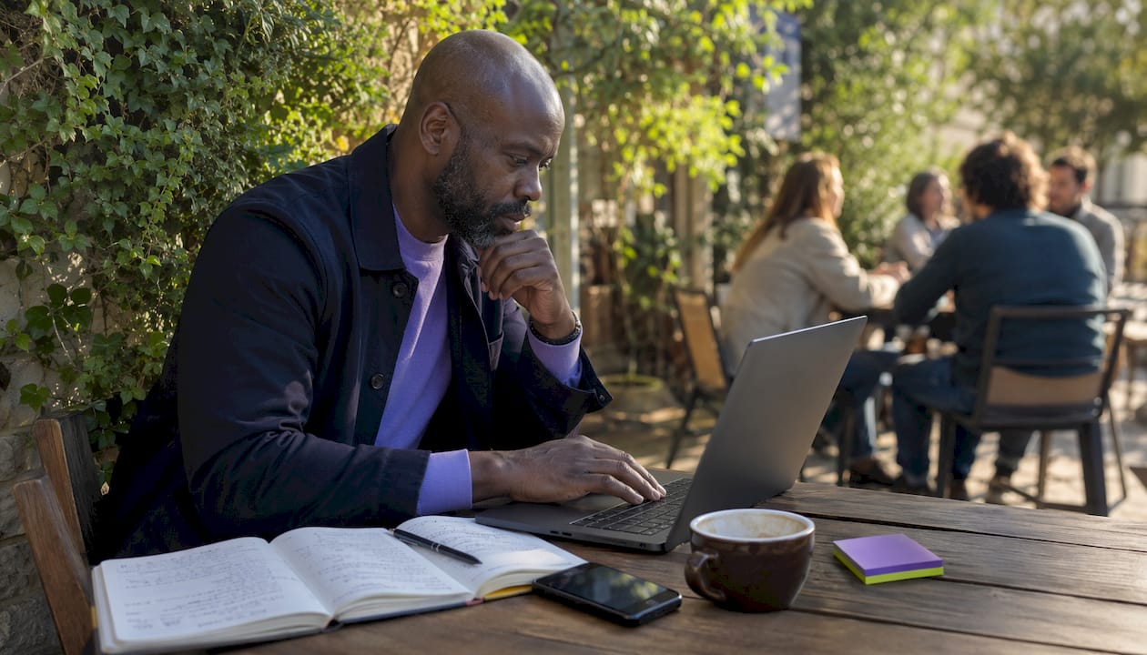 Man using AI website builder in a café