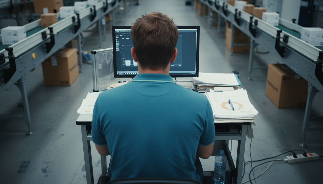 Engineer tracking real-time MES dashboard by conveyor