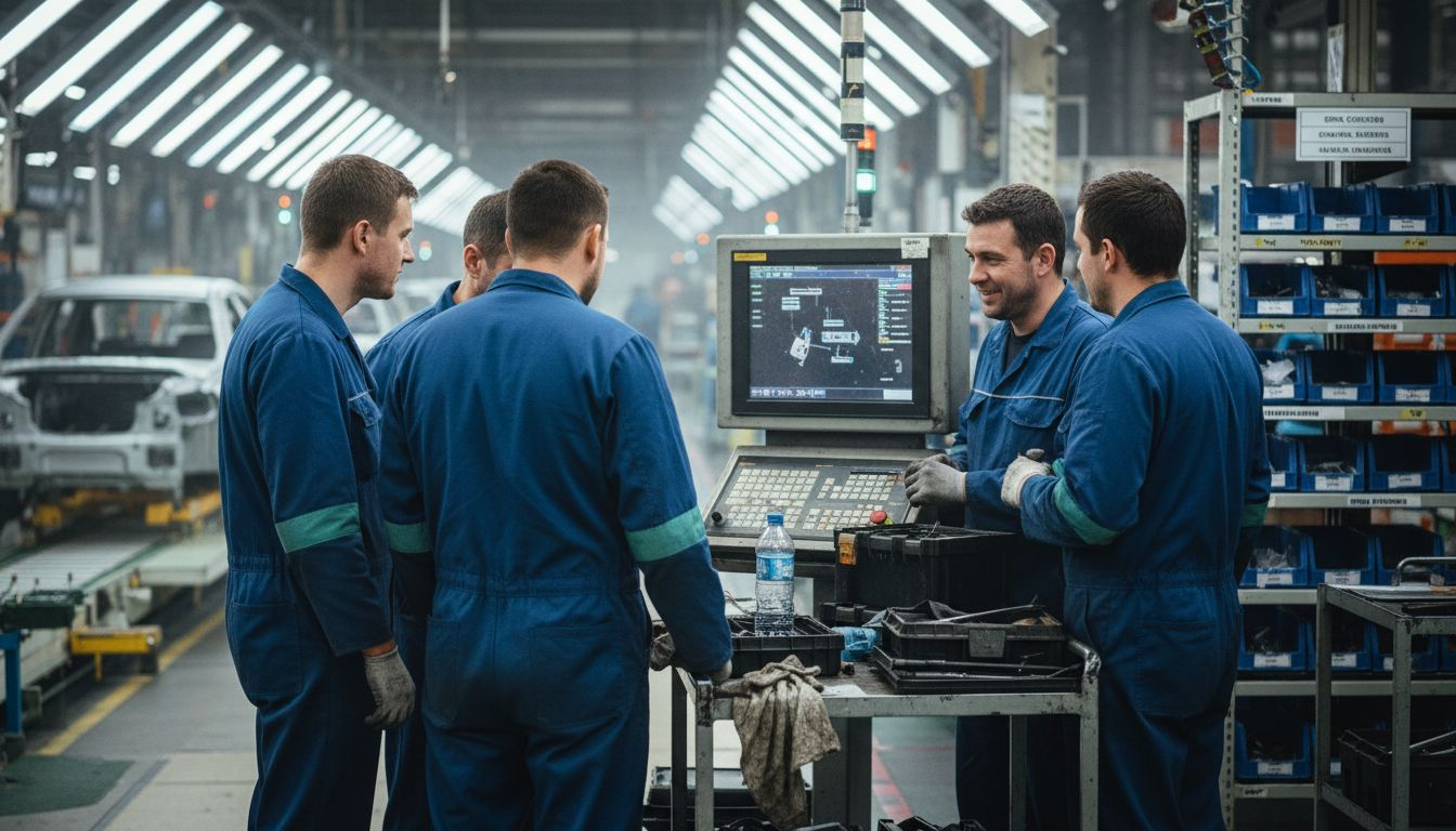 Workers use touchscreen automation on factory floor